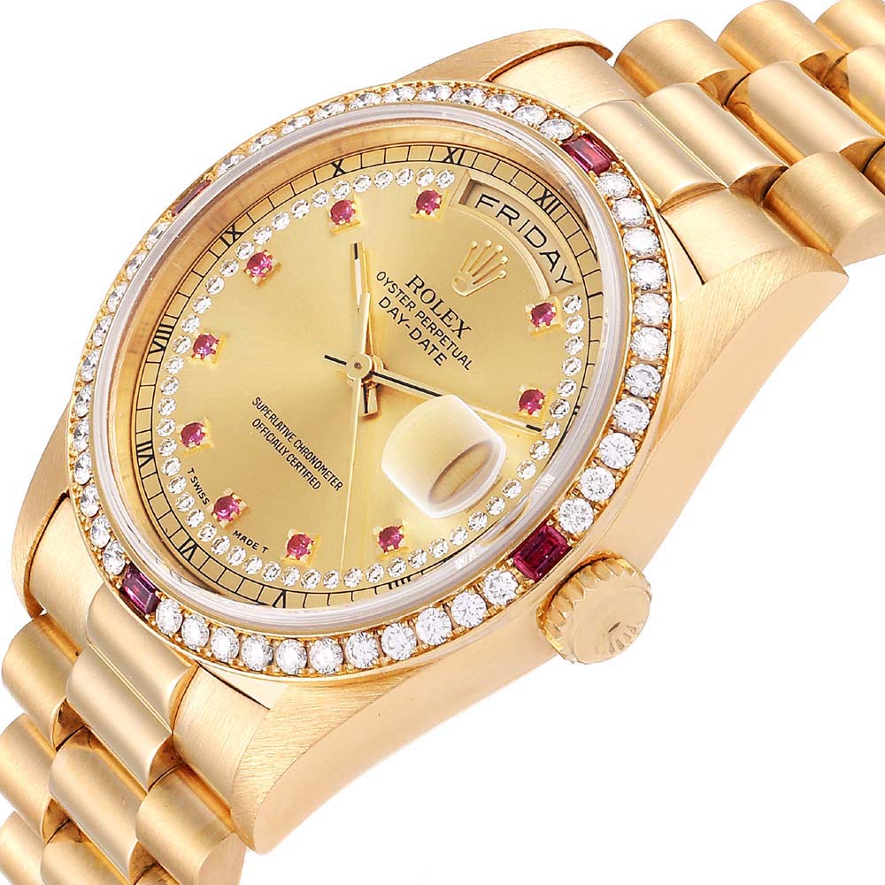 

Rolex Champagne Diamonds And Ruby 18K Yellow Gold President Day-Date 18238 Men's Wristwatch 36 MM