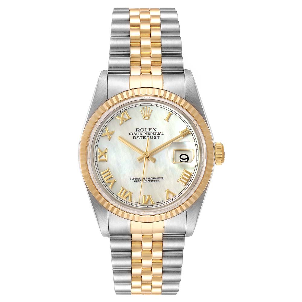 Pre-owned Rolex Mop 18k Yellow Gold And Stainless Steel Datejust 16233 Men's Wristwatch 36 Mm In White