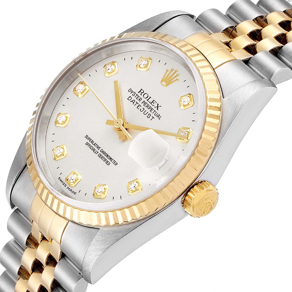 

Rolex Silver Diamonds 18K Yellow Gold And Stainless Steel Datejust 16233 Men's Wristwatch 36 MM