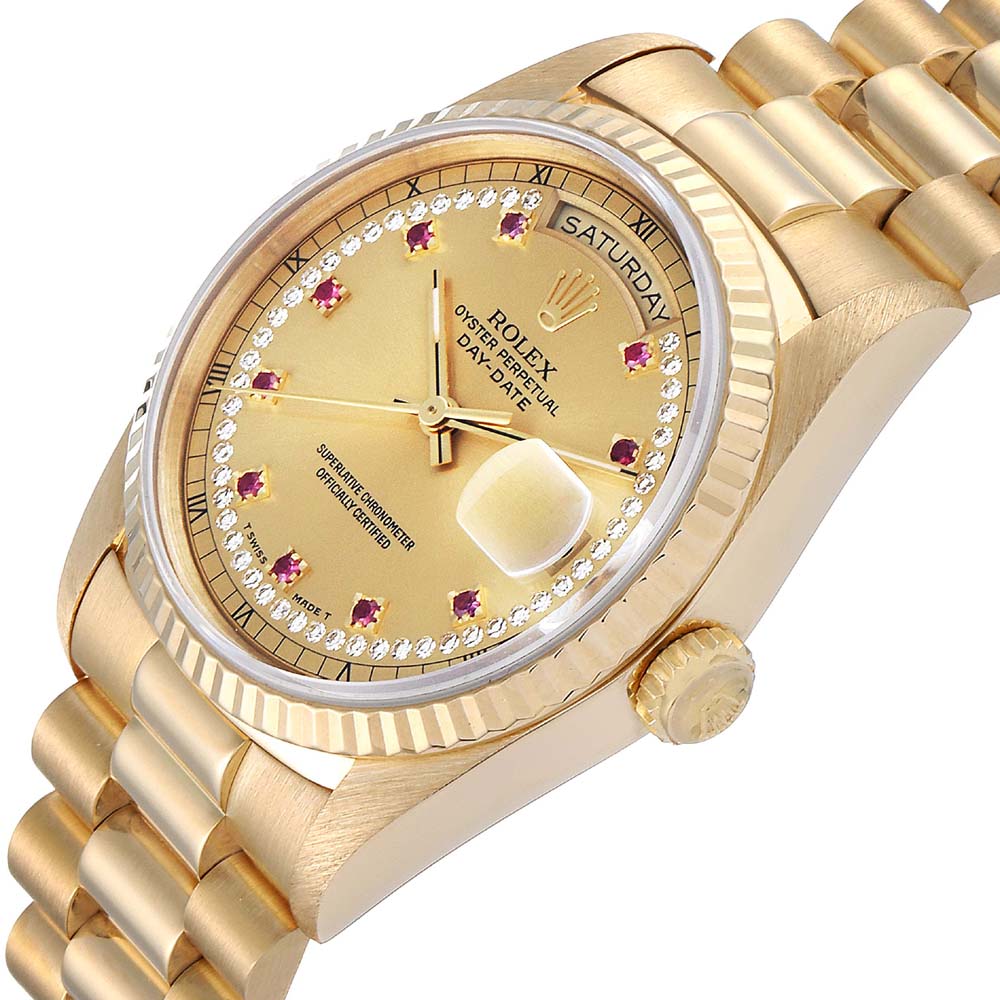 

Rolex Champagne Diamond And Ruby 18K Yellow Gold President Day-Date 18238 Men's Wristwatch 36 MM