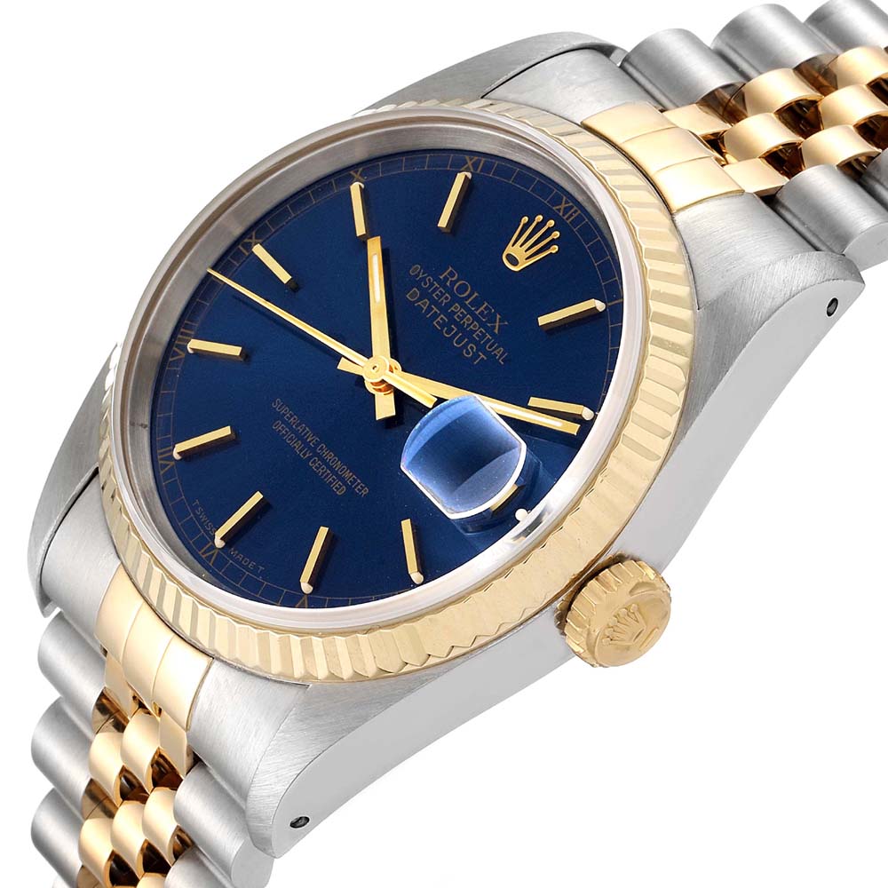 

Rolex Blue 18K Yellow Gold And Stainless Steel Datejust 16233 Men's Wristwatch 36 MM