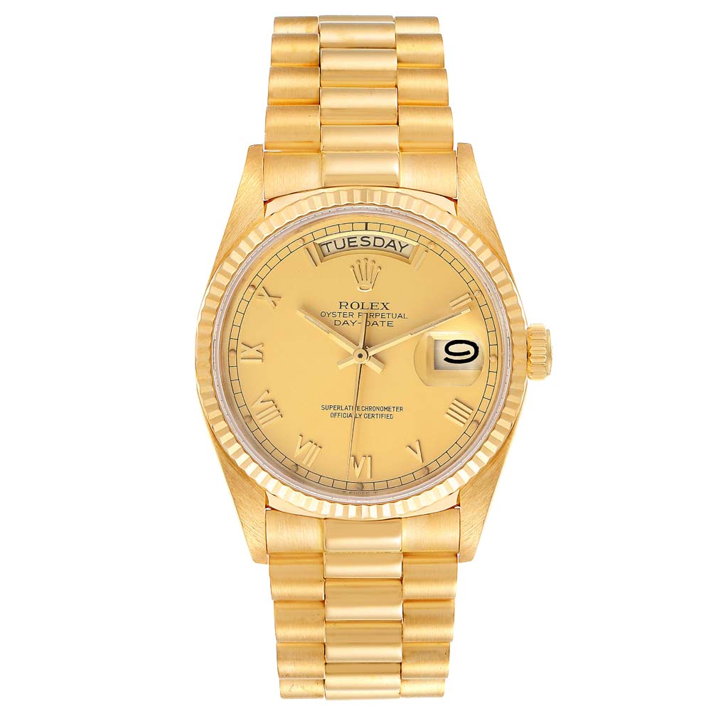Pre-owned Rolex Champagne 18k Yellow Gold President Day-date 18038 Men's Wristwatch 36 Mm