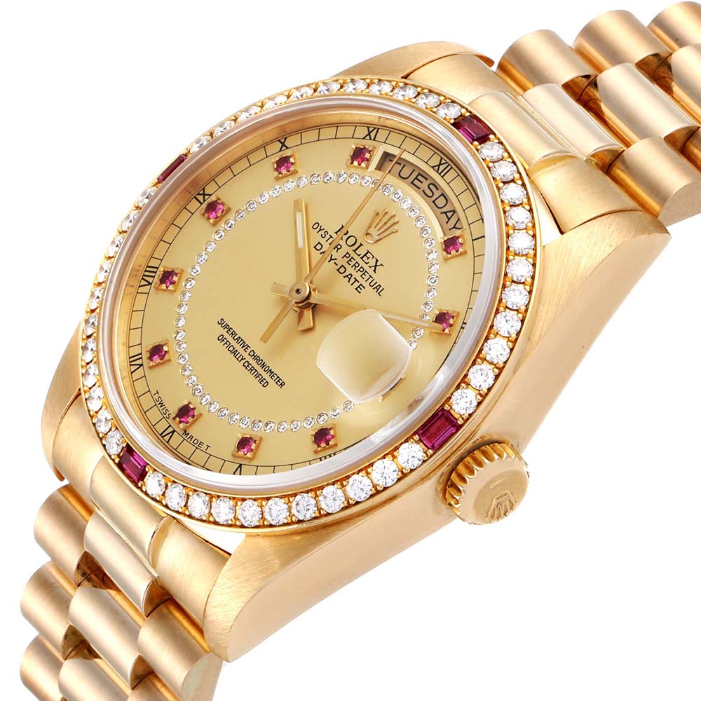 

Rolex Champagne Diamonds And Ruby 18K Yellow Gold President Day Date 18148 Men's Wristwatch 36 MM