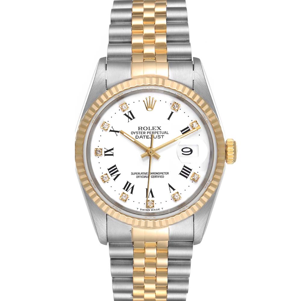 Pre-owned Rolex White Diamonds 18k Yellow Gold And Stainless Steel Datejust 16233 Men's Wristwatch 36 Mm