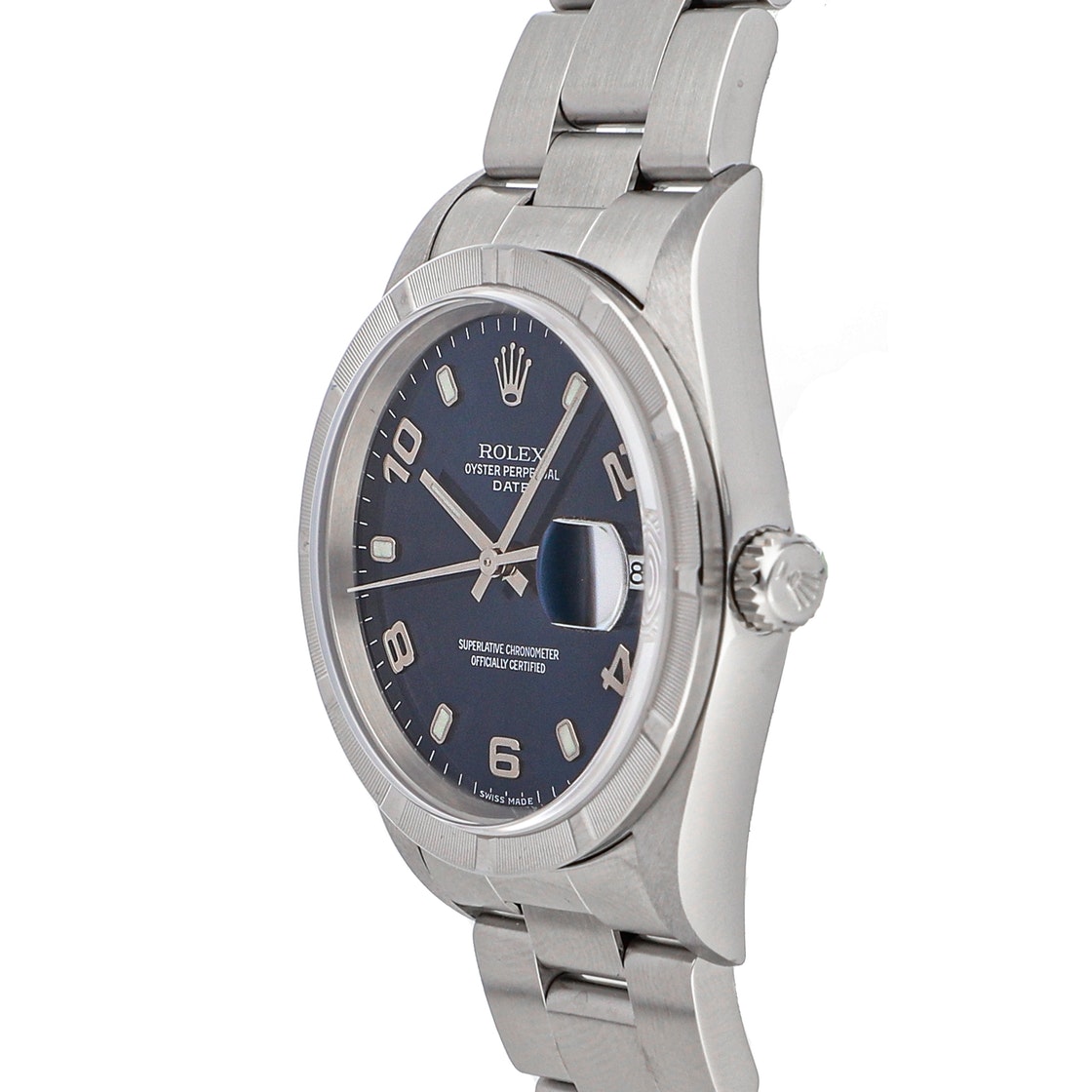 

Rolex Blue Stainless Steel Oyster Perpetual Date 15010 Men's Wristwatch 34 MM