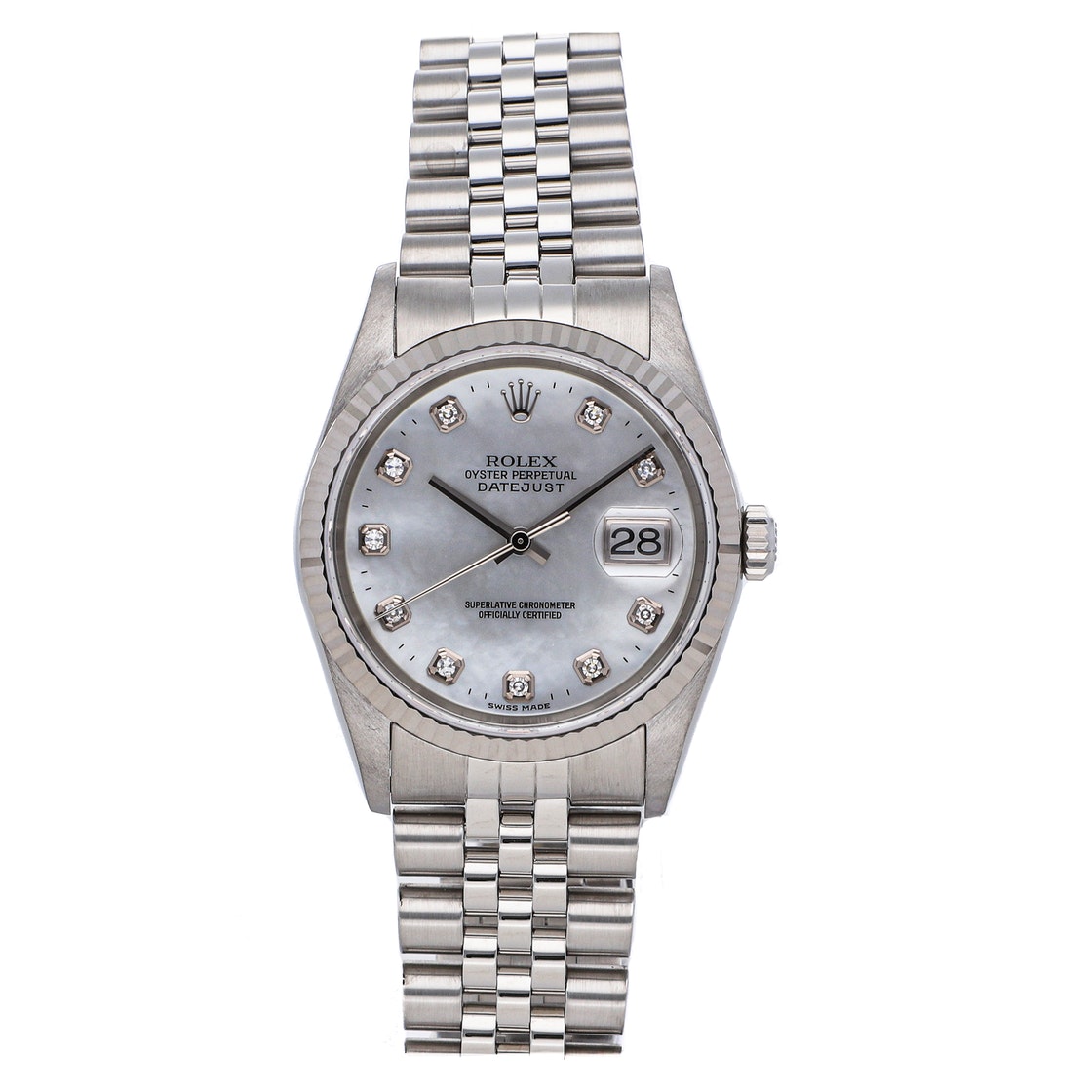 Pre-owned Rolex Mop Diamonds 18k White Gold And Stainless Steel Datejust 16234 Men's Wristwatch 36 Mm