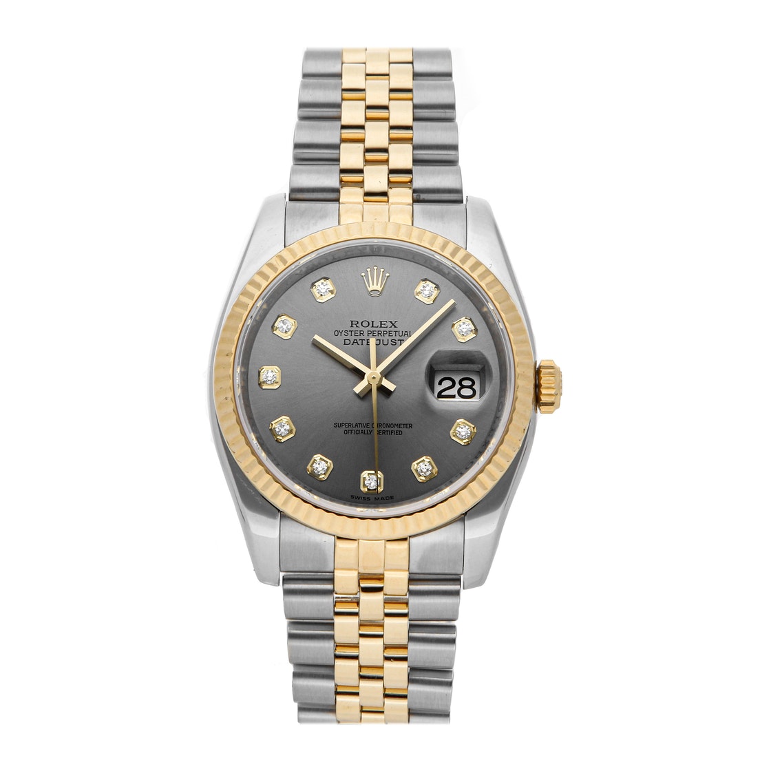 Pre-owned Rolex Grey Diamonds 18k Yellow Gold And Stainless Steel Datejust 116233 Men's Wristwatch 36 Mm