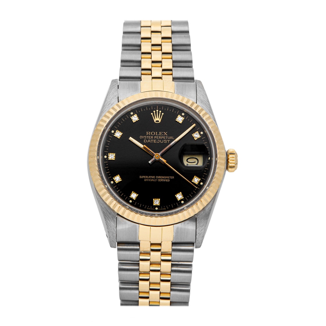 Pre-owned Rolex Black Diamonds 18k Yellow Gold And Stainless Steel Datejust 16103 Men's Wristwatch 36 Mm
