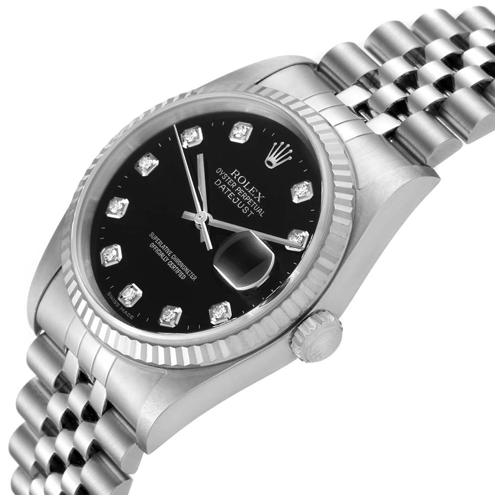 

Rolex Black Diamonds 18K White Gold And Stainless Steel Datejust 16234 Men's Wristwatch 36 MM