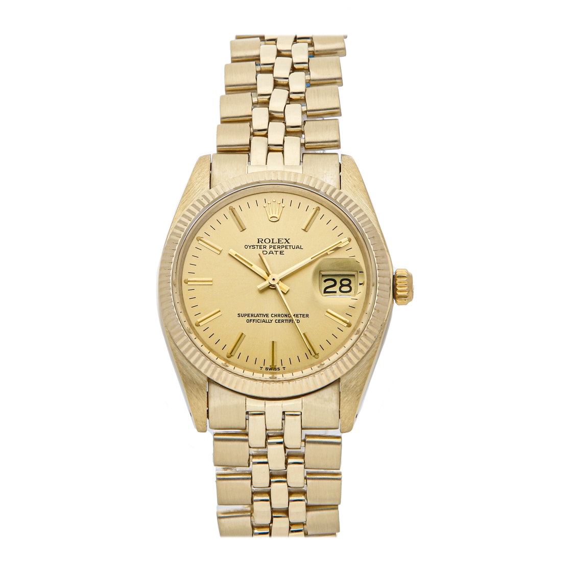 Pre-owned Rolex Champagne 18k Yellow Gold Oyster Perpetual Date 1503 Men's Wristwatch 34 Mm