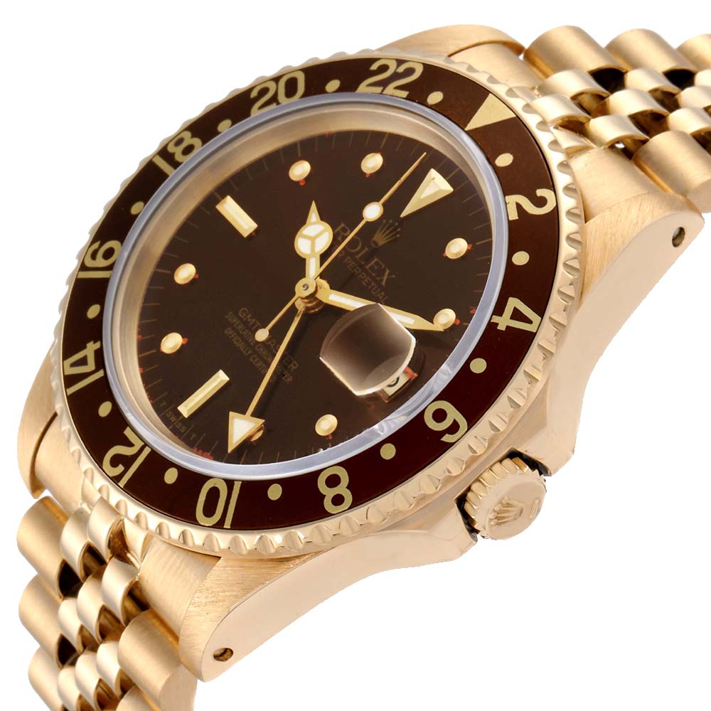 

Rolex Brown 18K Yellow Gold GMT Master Rootbeer 16758 Men's Wristwatch 40 MM