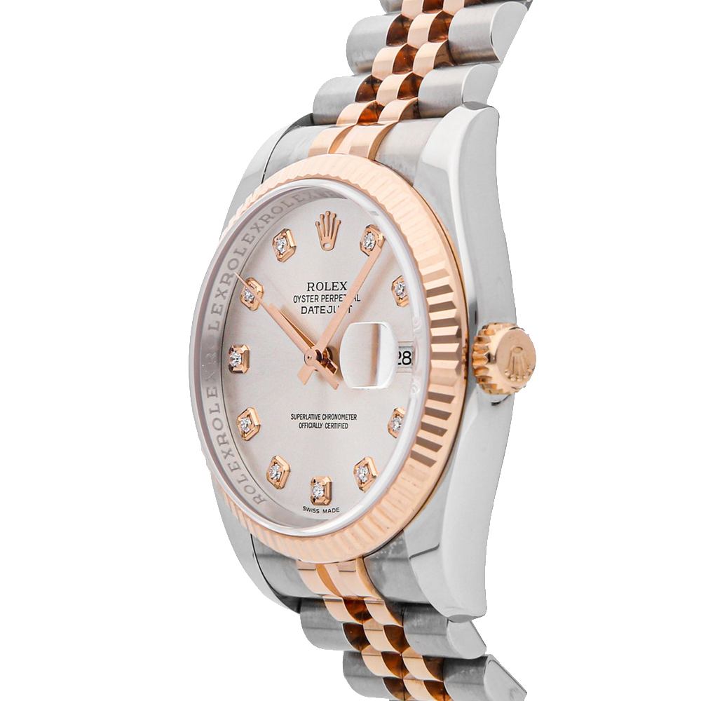 

Rolex Silver Diamonds 18K Rose Gold And Stainless Steel Datejust 116231 Men's Wristwatch 36 MM