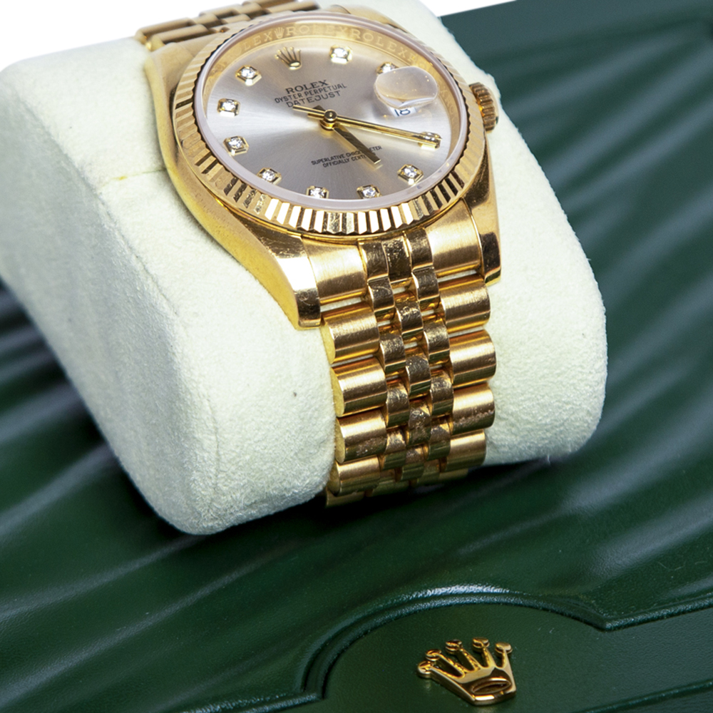 

Rolex Silver Diamonds 18K Yellow Gold Datejust Men's Wristwatch 36 MM