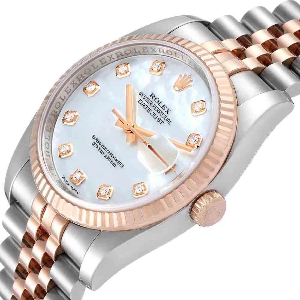 

Rolex MOP Diamonds 18K Rose Gold And Stainless Steel Datejust 116231 Men's Wristwatch 36 MM, White