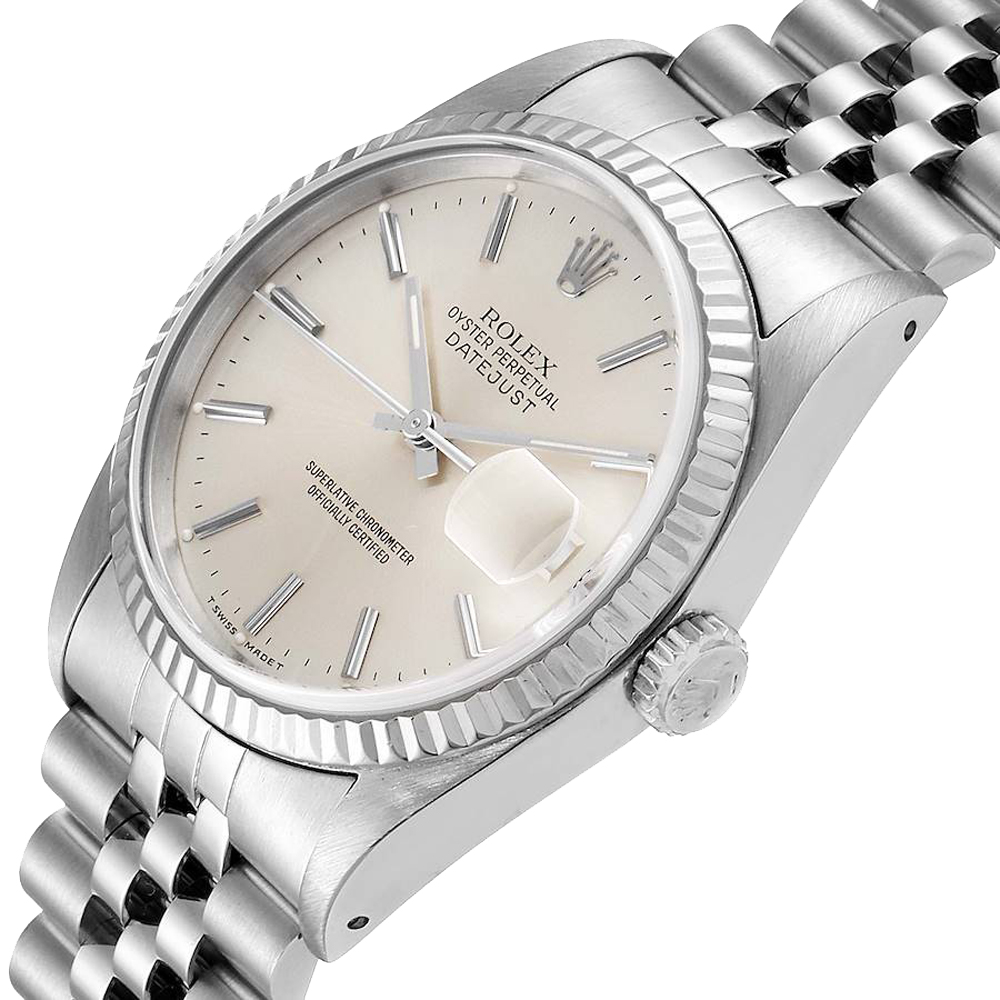 

Rolex Silver 18K White Gold And Stainless Steel Datejust 16234 Men's Wristwatch 36 MM