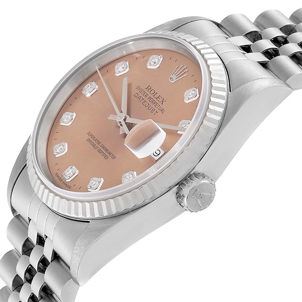 

Rolex Salmon Diamonds 18K White Gold And Stainless Steel Datejust 16234 Men's Wristwatch 36 MM, Pink