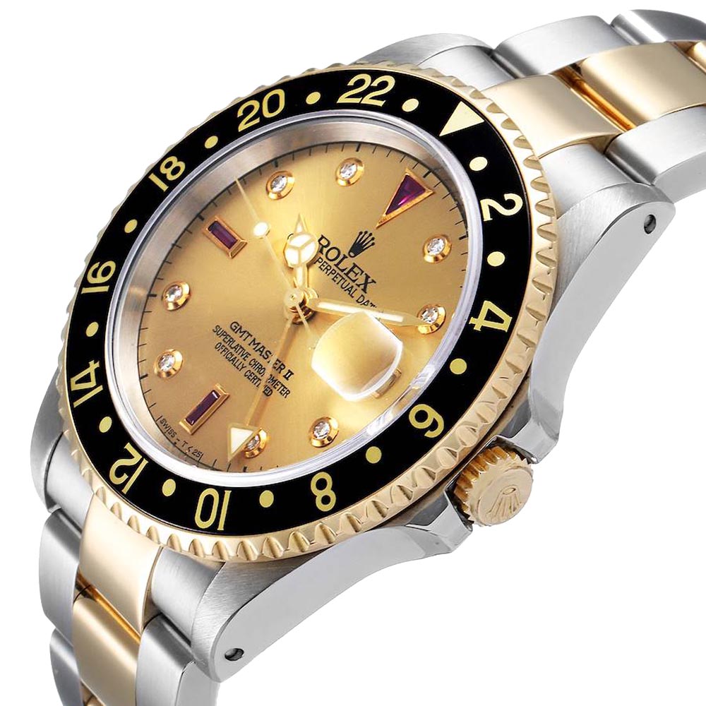 

Rolex Champagne Diamond Ruby Serti 18K Yellow Gold And Stainless Steel GMT II 16713 Men's Wristwatch 40 MM