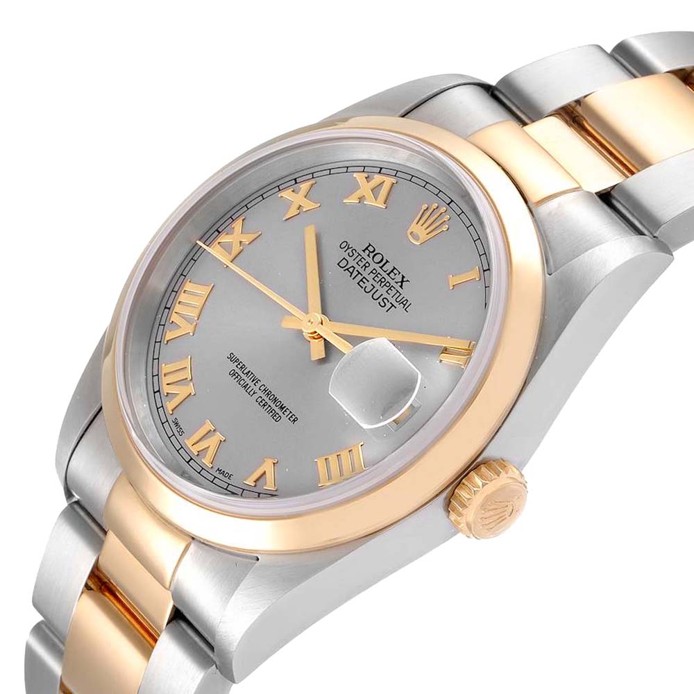 

Rolex Slate 18K Yellow Gold And Stainless Steel Datejust 16203 Men's Wristwatch 36 MM, Silver