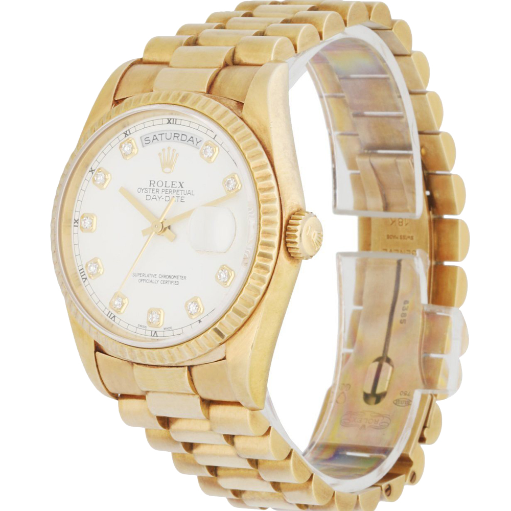 

Rolex 18K Yellow Gold Day-Date President 18238 Diamond Dial Men's Wristwatch, White