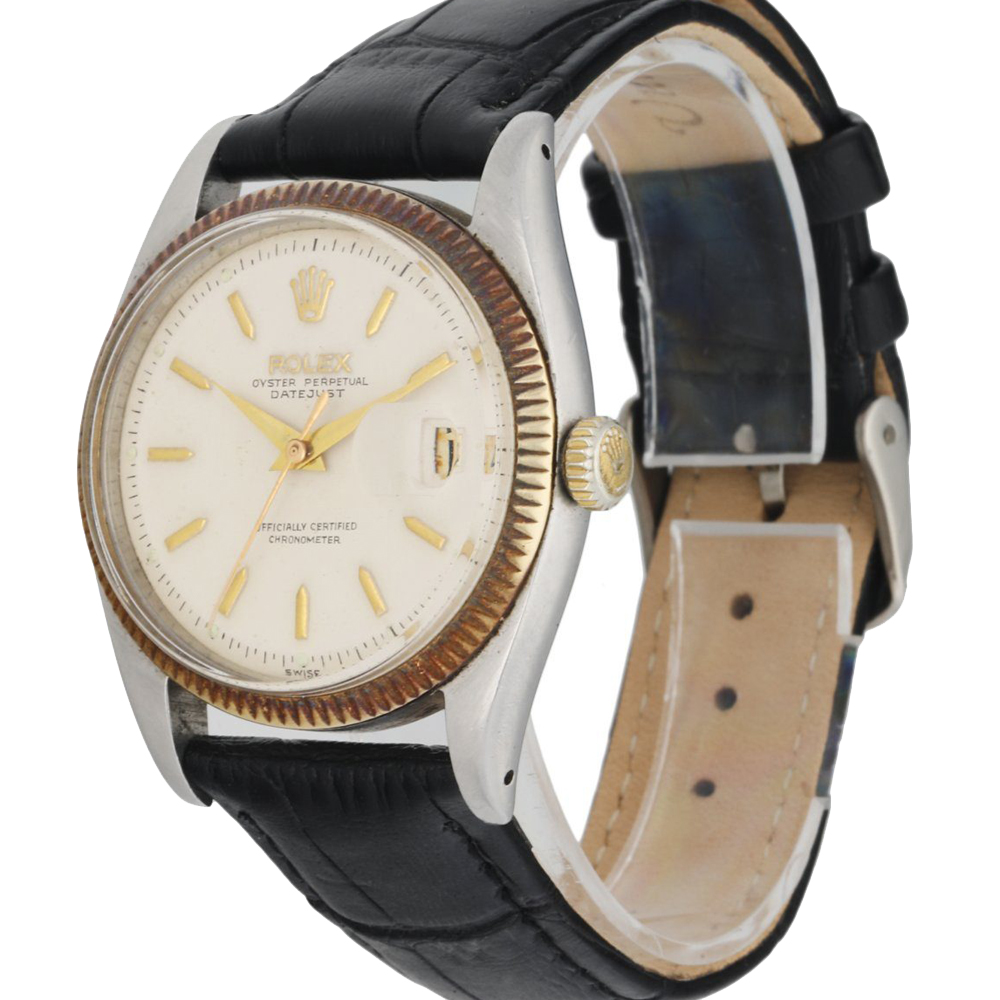 

Rolex Off White 18K Yellow Gold And Stainless Steel Datejust 6605 Vintage Men's Wristwatch 36 MM
