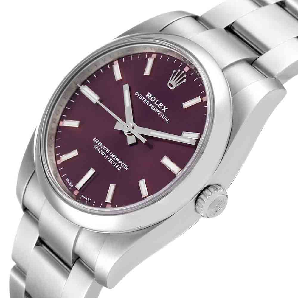 

Rolex Red Grape Stainless Steel Oyster Perpetual 114200 Men's Wristwatch 34 MM