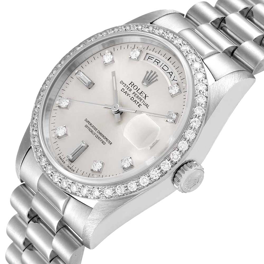 

Rolex Silver Diamonds Platinum 18346 President Day-Date Men's Wristwatch 36 MM