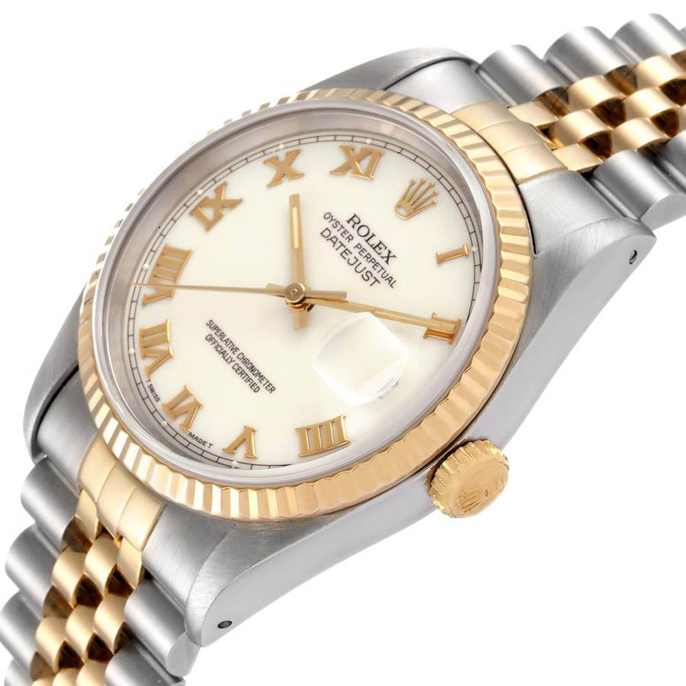 

Rolex Ivory 18K Yellow Gold And Stainless Steel Datejust 16233 Men's Wristwatch 36 MM, White