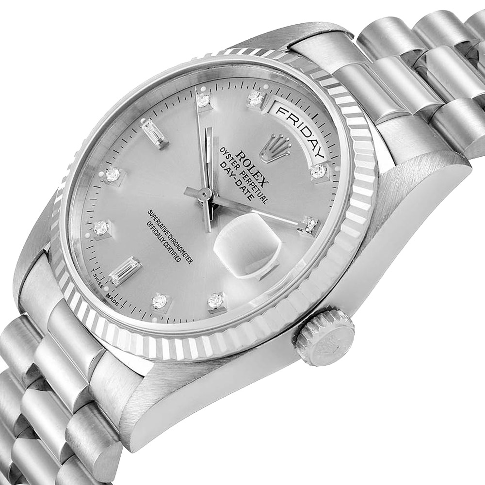 

Rolex Silver Diamonds 18K White Gold President Day-Date 118239 Men's Wristwatch 36 MM