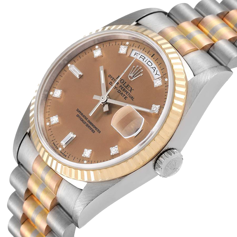 

Rolex Brown Diamonds 18K White Yellow Rose Gold President Day-Date Tridor 18239 Men's Wristwatch 36 MM