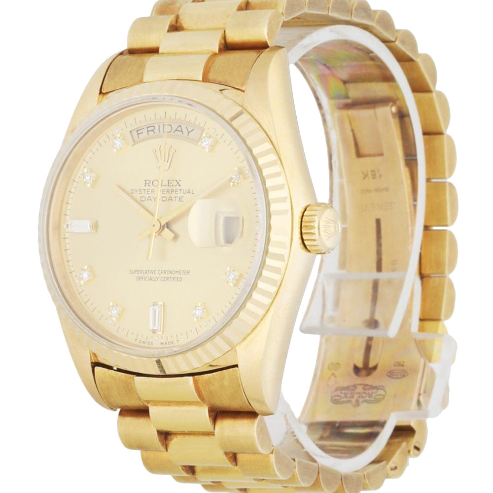 

Rolex Champagne Diamonds 18k Yellow Gold Day Date 18038 President Men's Wristwatch 36 MM