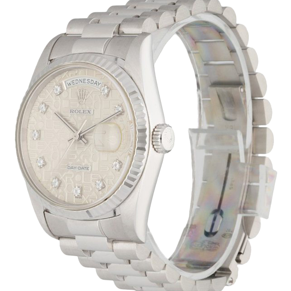

Rolex Silver Diamonds 18K White Gold Day-Date 18239 Men's Wristwatch 36 MM