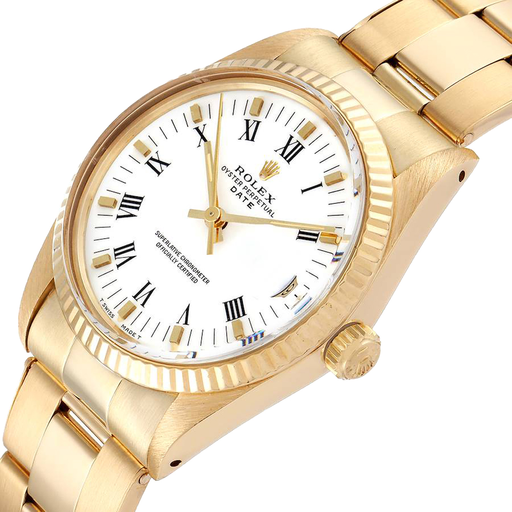 

Rolex White 18k Yellow Gold Oyster Perpetual Date Vintage 15038 Men's Wristwatch 34 MM