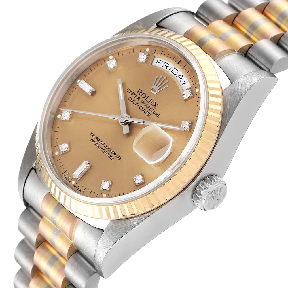 

Rolex Champagne Diamonds 18K White Yellow Rose Gold President Day-Date Tridor 18039 Men's Wristwatch 36 MM