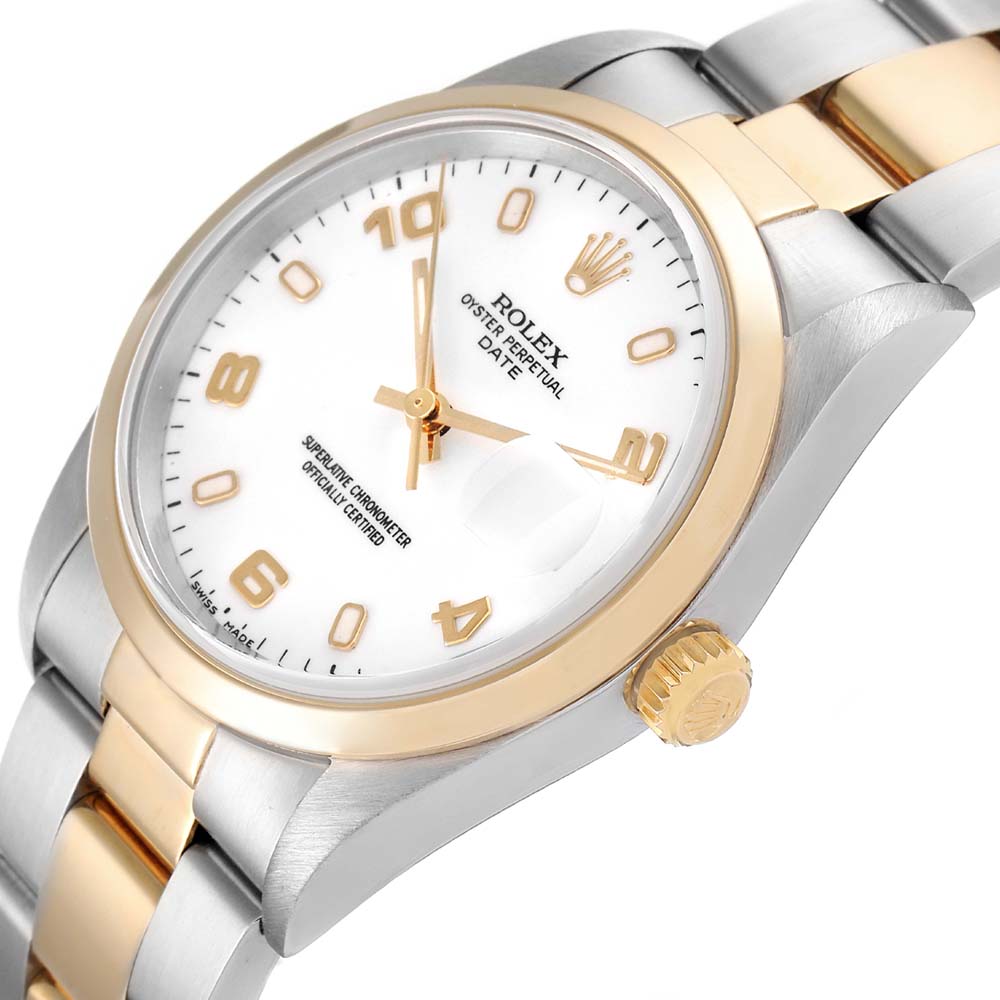 

Rolex White 18K Yellow Gold And Stainless Steel Oyster Perpetual Date 15203 Men's Wristwatch 34 MM