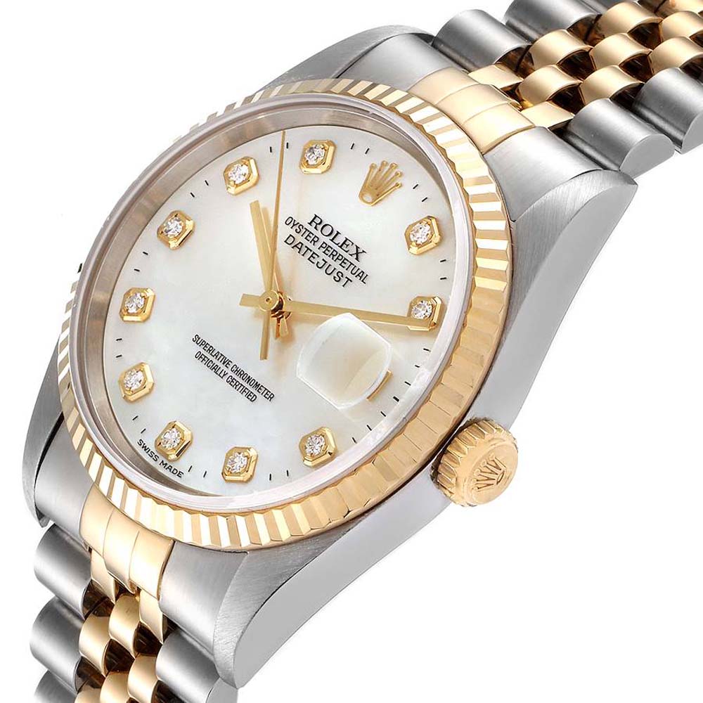 

Rolex MOP Diamonds 18K Yellow Gold And Stainless Steel Datejust 16233 Men's Wristwatch 36 MM, White
