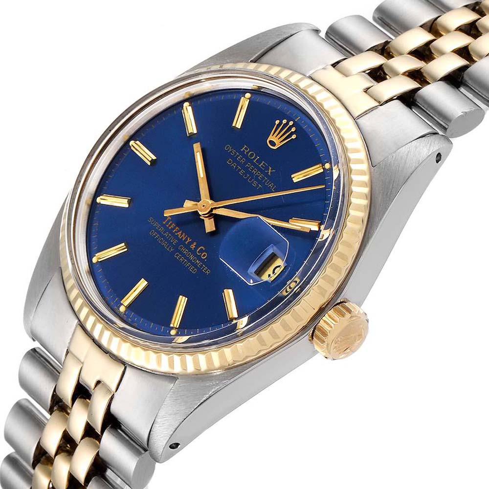

Rolex Blue 18k Yellow Gold And Stainless Steel Datejust Tiffany Vintage 1601 Men's Wristwatch 36 MM