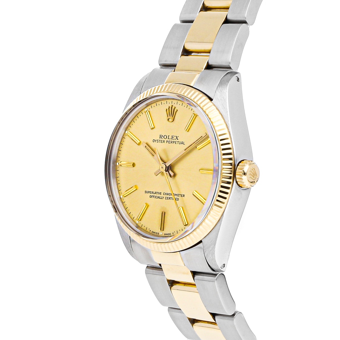 

Rolex Champagne 18k Yellow Gold And Stainless Steel Oyster Perpetual 1005 Men's Wristwatch 34 MM