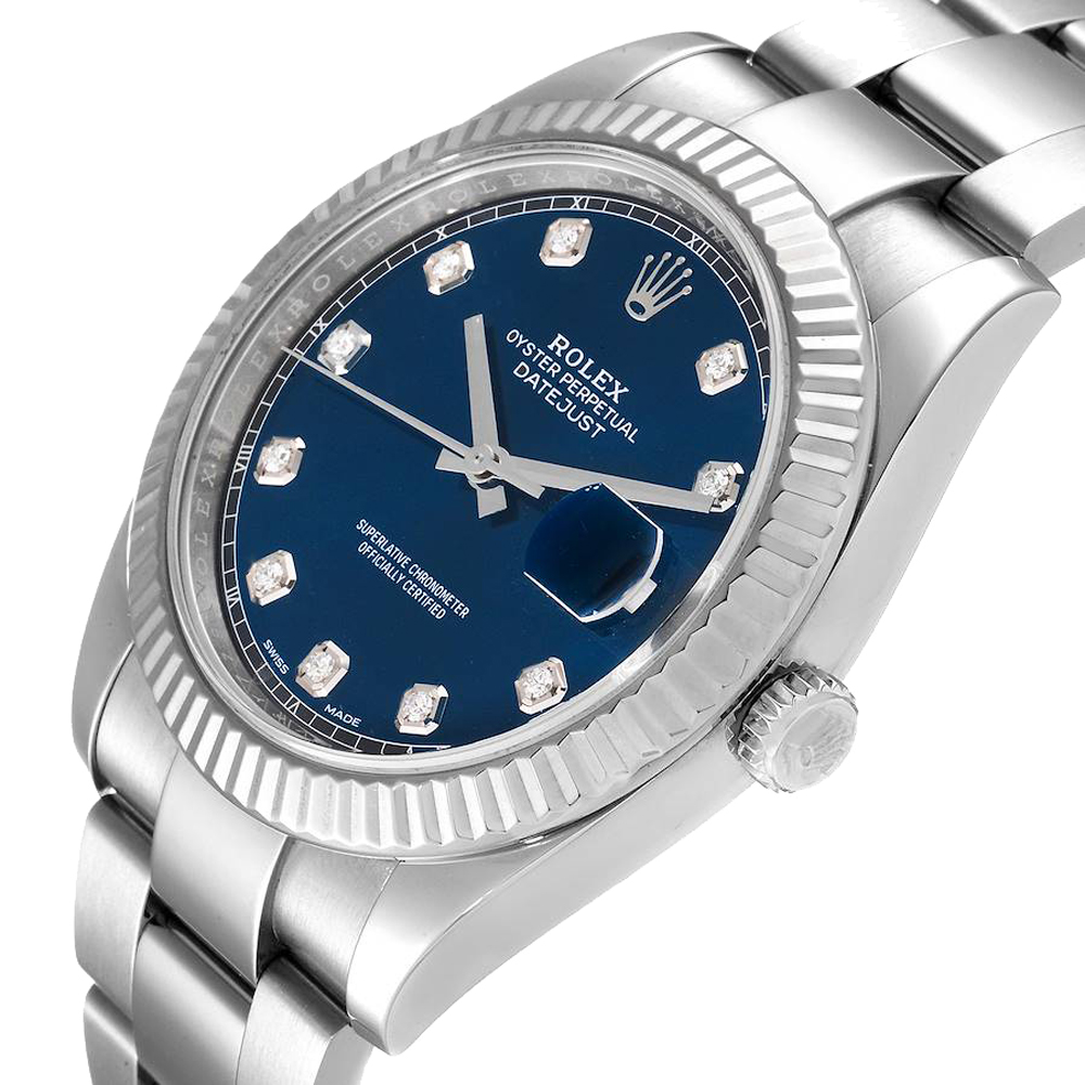 

Rolex Blue 18K White Gold Stainless Steel Diamond 126334 Datejust Men's Wristwatch