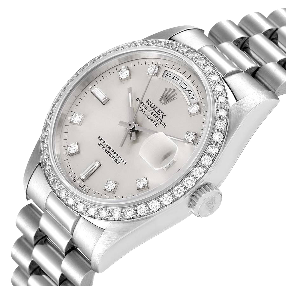 

Rolex Silver Diamonds Platinum President Day-Date 18346 Men's Wristwatch 36 MM