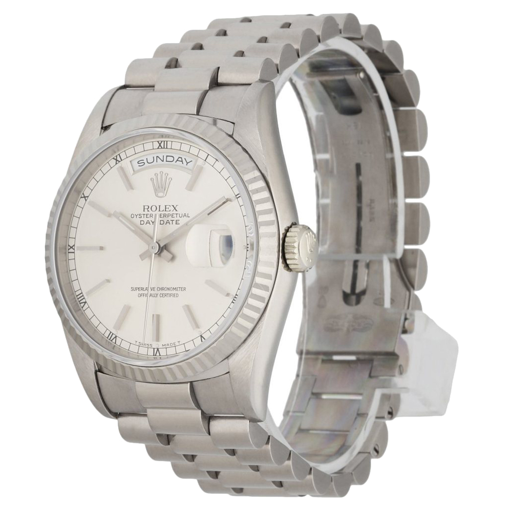 

Rolex Silver 18K White Gold Day Date 18239 Men's Wristwatch 36 MM