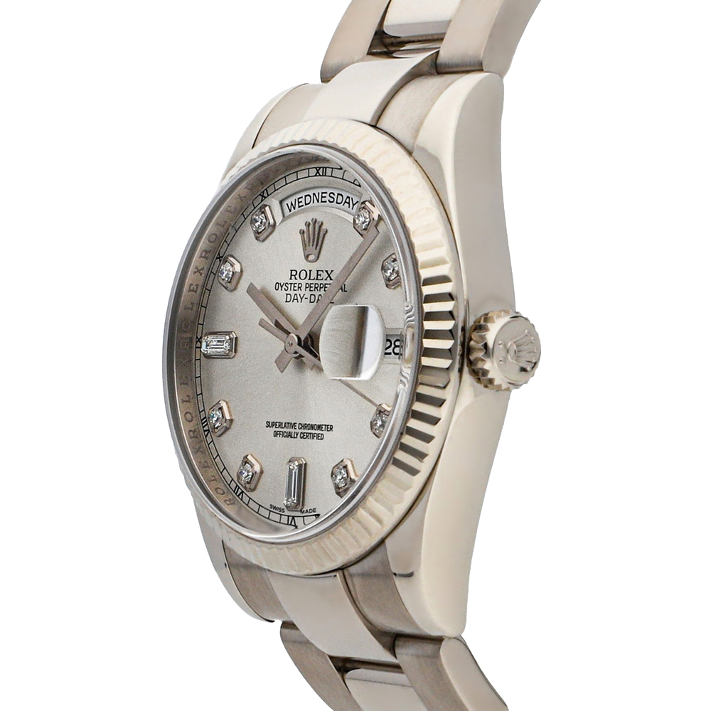 

Rolex Silver Diamonds 18K White Gold Day-Date 118239 Men's Wristwatch 36 MM