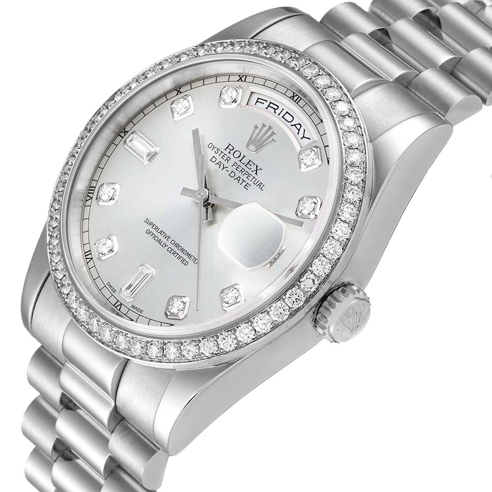 

Rolex Silver Diamonds Platinum President Day-Date 118346 Men's Wristwatch 36 MM