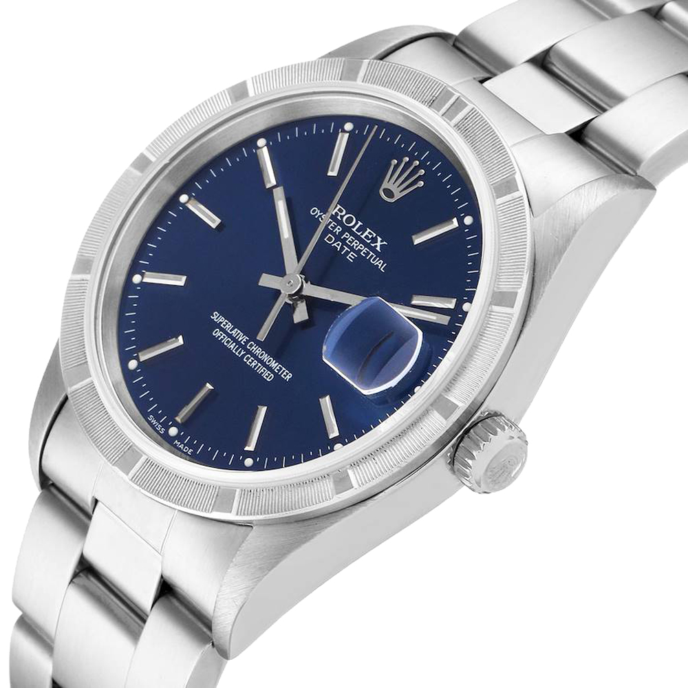 

Rolex Blue Stainless Steel Oyster Perpetual Date 15210 Men's Wristwatch 34 MM