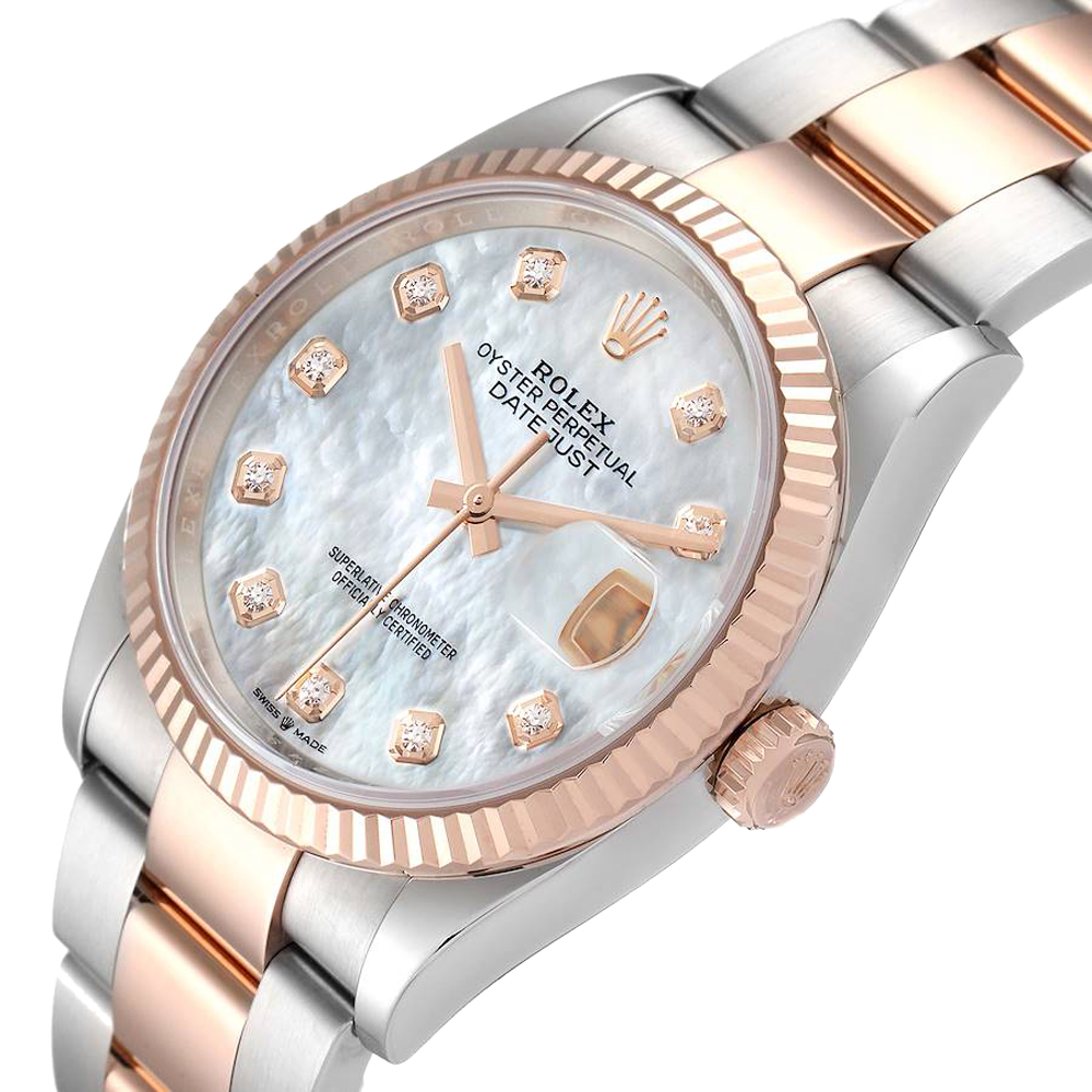 

Rolex MOP Diamonds 18K Rose Gold And Stainless Steel Datejust 126231 Men's Wristwatch 36 MM, White