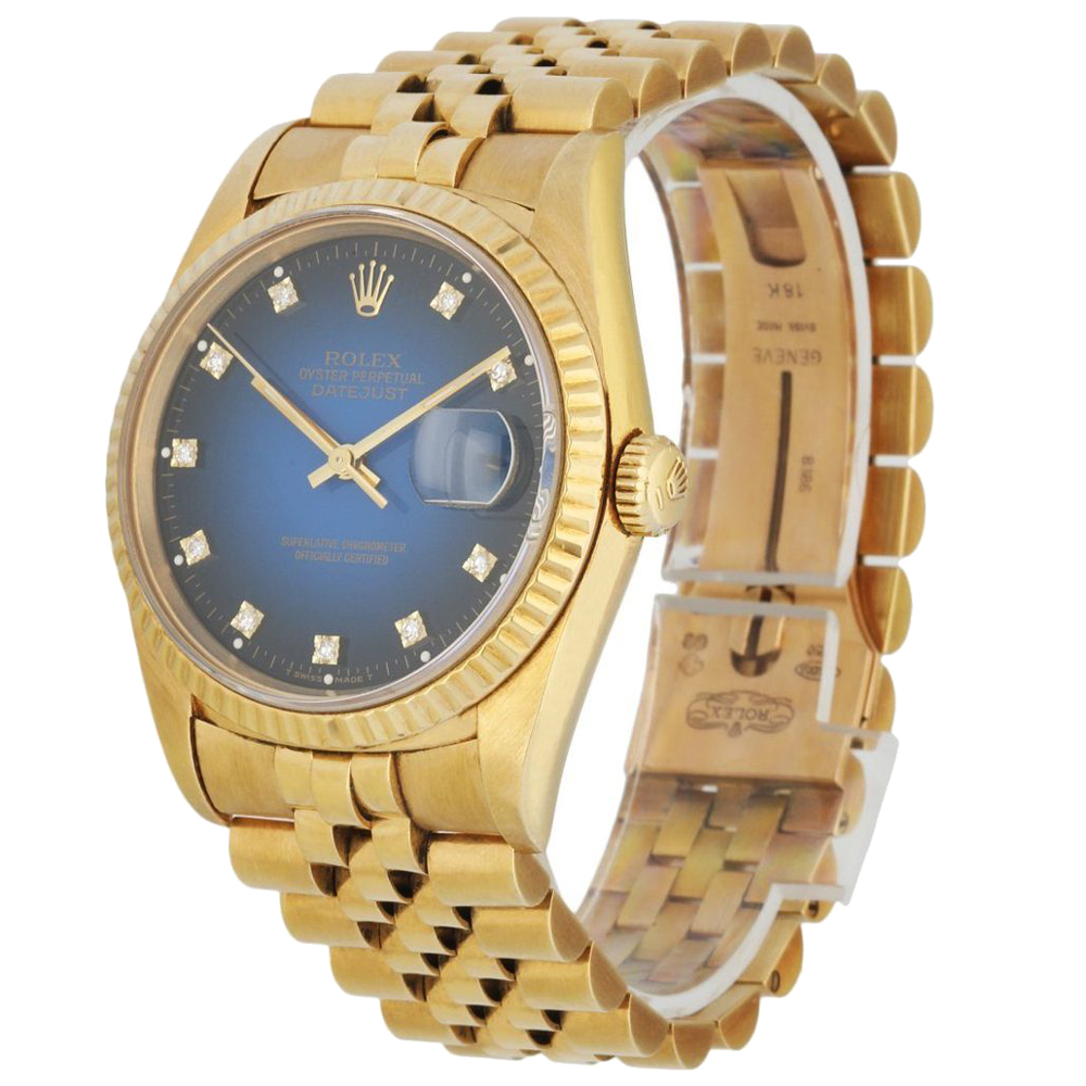 

Rolex Blue Diamonds 18k Yellow Gold Datejust 16238 Men's Wristwatch 36 MM