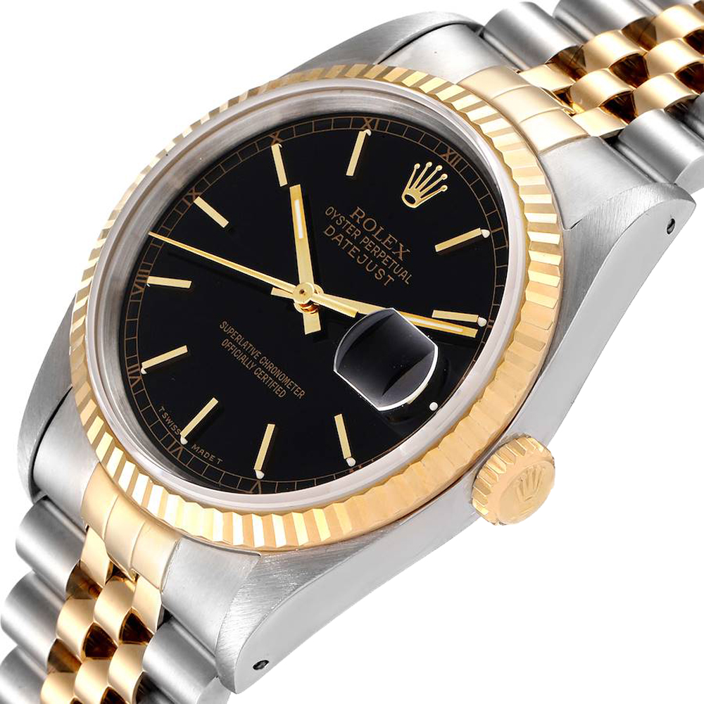 

Rolex Black 18K Yellow Gold And Stainless Steel Datejust 16233 Men's Wristwatch 36 MM