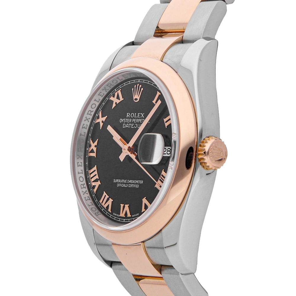 

Rolex Black 18K Rose Gold And Stainless Steel Datejust 116201 Men's Wristwatch 36 MM