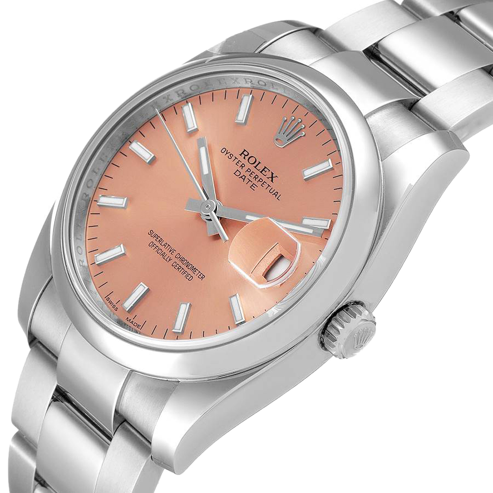 

Rolex Salmon Stainless Steel Oyster Perpetual Date 115200 Men's Wristwatch 34 MM, Pink