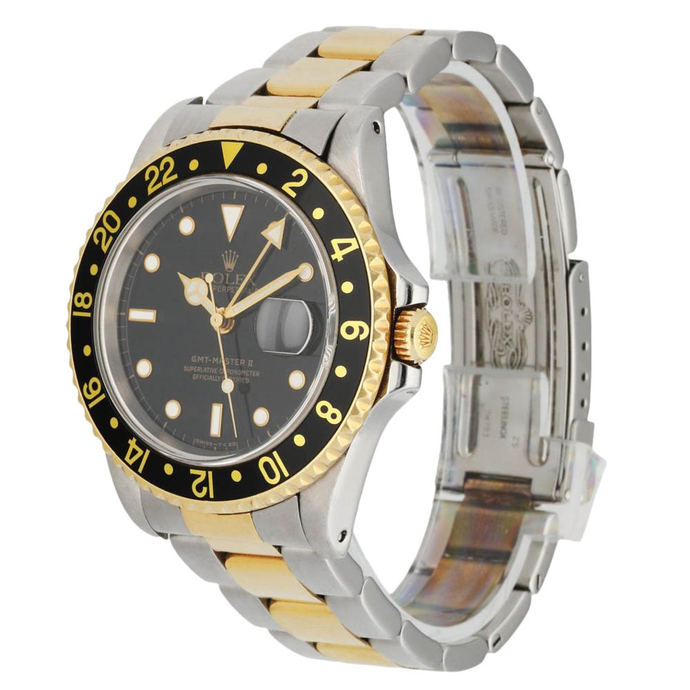 

Rolex Black 18K Yellow Gold Stainless Steel Oyster Perpetual Date GMT Master ll 16713 Men's Wristwatch