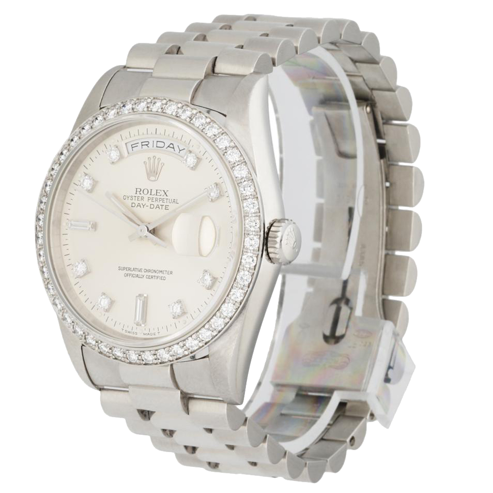 

Rolex Silver Platinum and Diamond Day Date President 18346 Men's Wristwatch 36 mm